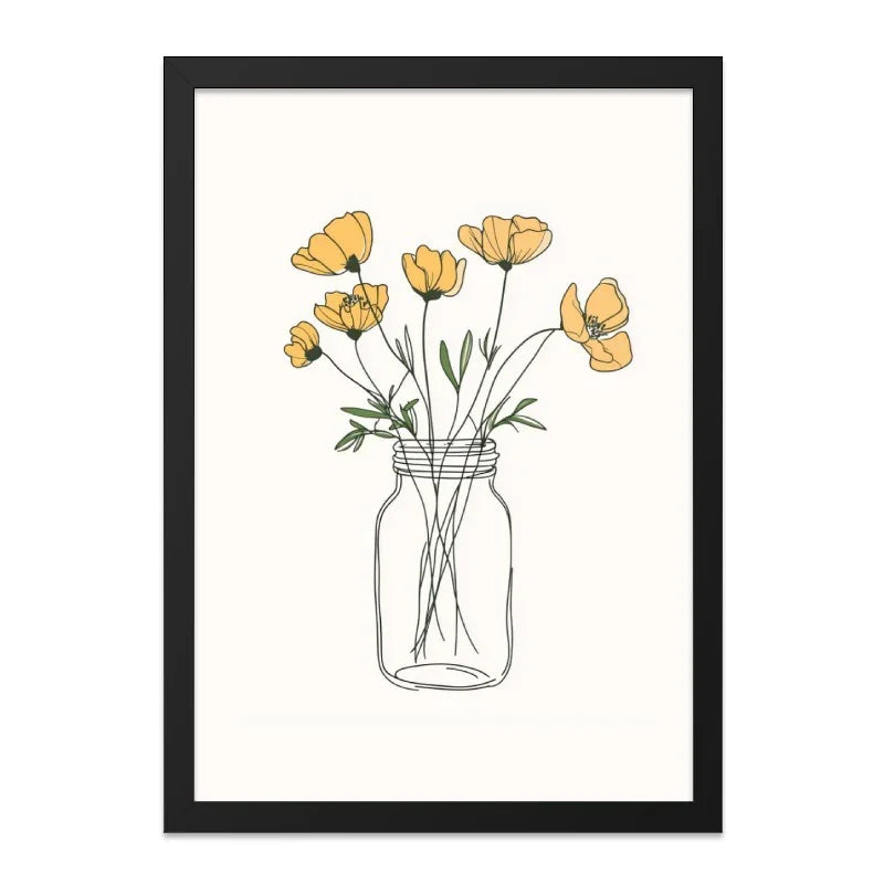 Yellow Floral Wall Art, Minimalist Flower Print, Mason Jar Artwork, Botanical Home Decor, Modern Floral Illustration - Tawshia