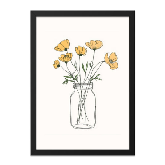 Yellow Floral Wall Art, Minimalist Flower Print, Mason Jar Artwork, Botanical Home Decor, Modern Floral Illustration - Tawshia