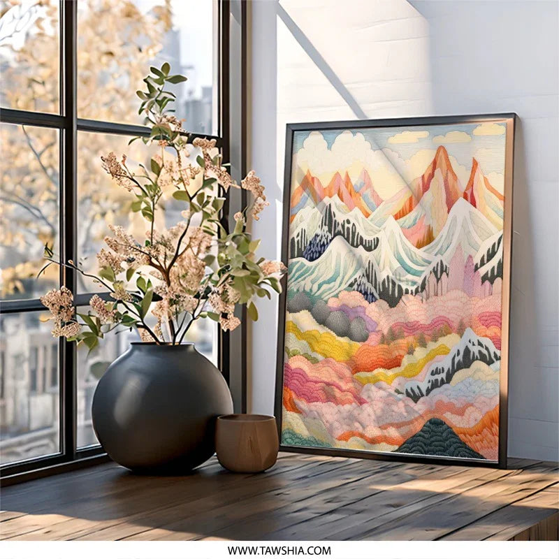 Colorful Mountain Range Wall Art, Abstract Landscape Print, Modern Home Decor, Scenic Mountain Poster, Nature Inspired Wall Art, Framed Art - Tawshia