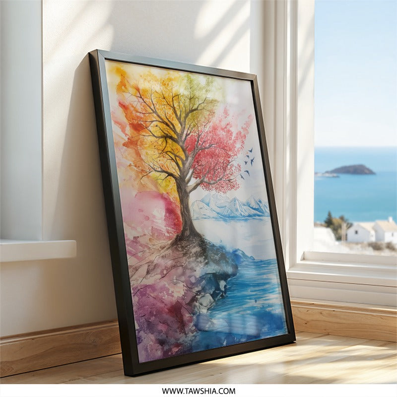 Four Seasons Tree Wall Art, Watercolor Tree Art Print, Mountain Lake Painting, Nature Landscape Art, Home Decor Wall Hanging, Modern Art - Tawshia
