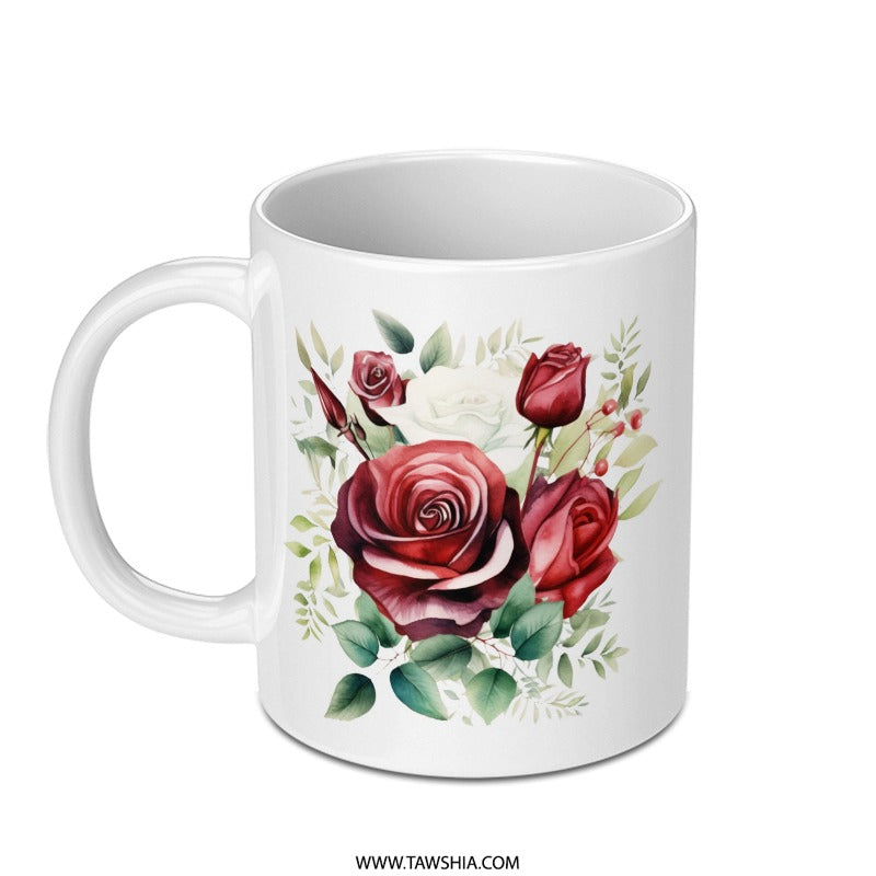 Floral Rose Mug, Watercolor Roses Coffee Cup, Botanical Mug Gift, Elegant Tea Mug, Flower Mug for Her, Unique Mug Design - Tawshia