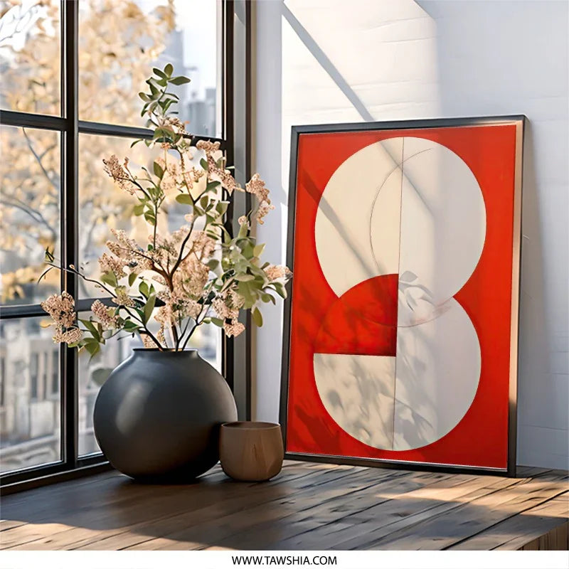 Geometric Wall Art, Abstract Circle Print, Modern Art Decor, Red and White Artwork, Contemporary Wall Decor, Unique Art Gift - Tawshia