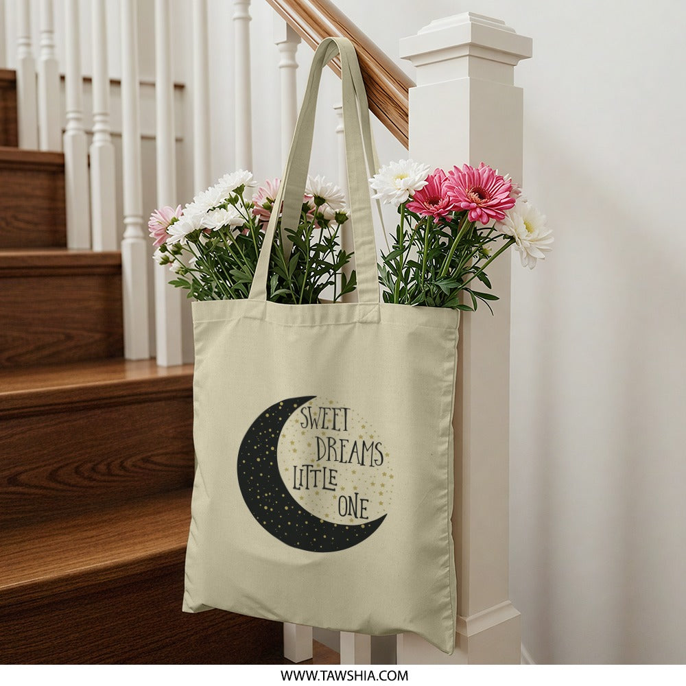 Sweet Dreams Tote Bag, Little One Moon Stars Shopping Bag, Celestial Design, Gift Idea, Unique Tote Bag, Book Bag, Everyday Bag - Tawshia