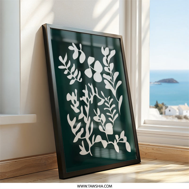 Abstract Botanical Wall Art, Modern Leaf Print, Green and White Art, Minimalist Home Decor, Nature Inspired Artwork - Tawshia