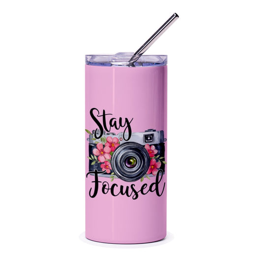 Stay Focused Tumbler, Camera Floral Tumbler, Photographer Gift Tumbler, Inspirational Tumbler, Pink Tumbler, Gift for Her - Tawshia
