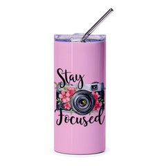 Stay Focused Tumbler, Camera Floral Tumbler, Photographer Gift Tumbler, Inspirational Tumbler, Pink Tumbler, Gift for Her - Tawshia