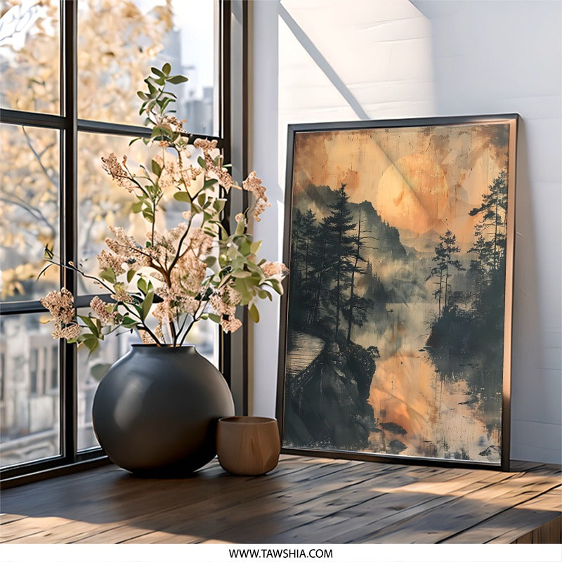 Lake and Moon Wall Art, Landscape Art Print, Nature Home Decor, Forest Art, Scenic Painting, Gift Idea, Modern Wall Art, Printable Art - Tawshia