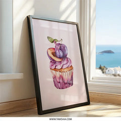 Plum Cupcake Wall Art, Watercolor Cupcake Print, Fruit Cupcake Decor, Kitchen Art, Dessert Wall Art, Whimsical Food Art - Tawshia