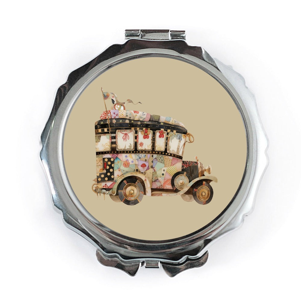 Quirky Patchwork Bus Pocket Mirror, Unique Travel Gift, Cute Compact Mirror, Road Trip Accessories, Novelty Pocket Mirror - Tawshia