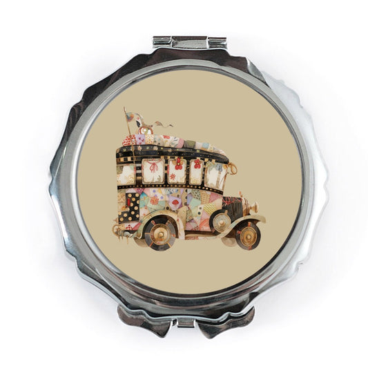 Quirky Patchwork Bus Pocket Mirror, Unique Travel Gift, Cute Compact Mirror, Road Trip Accessories, Novelty Pocket Mirror - Tawshia