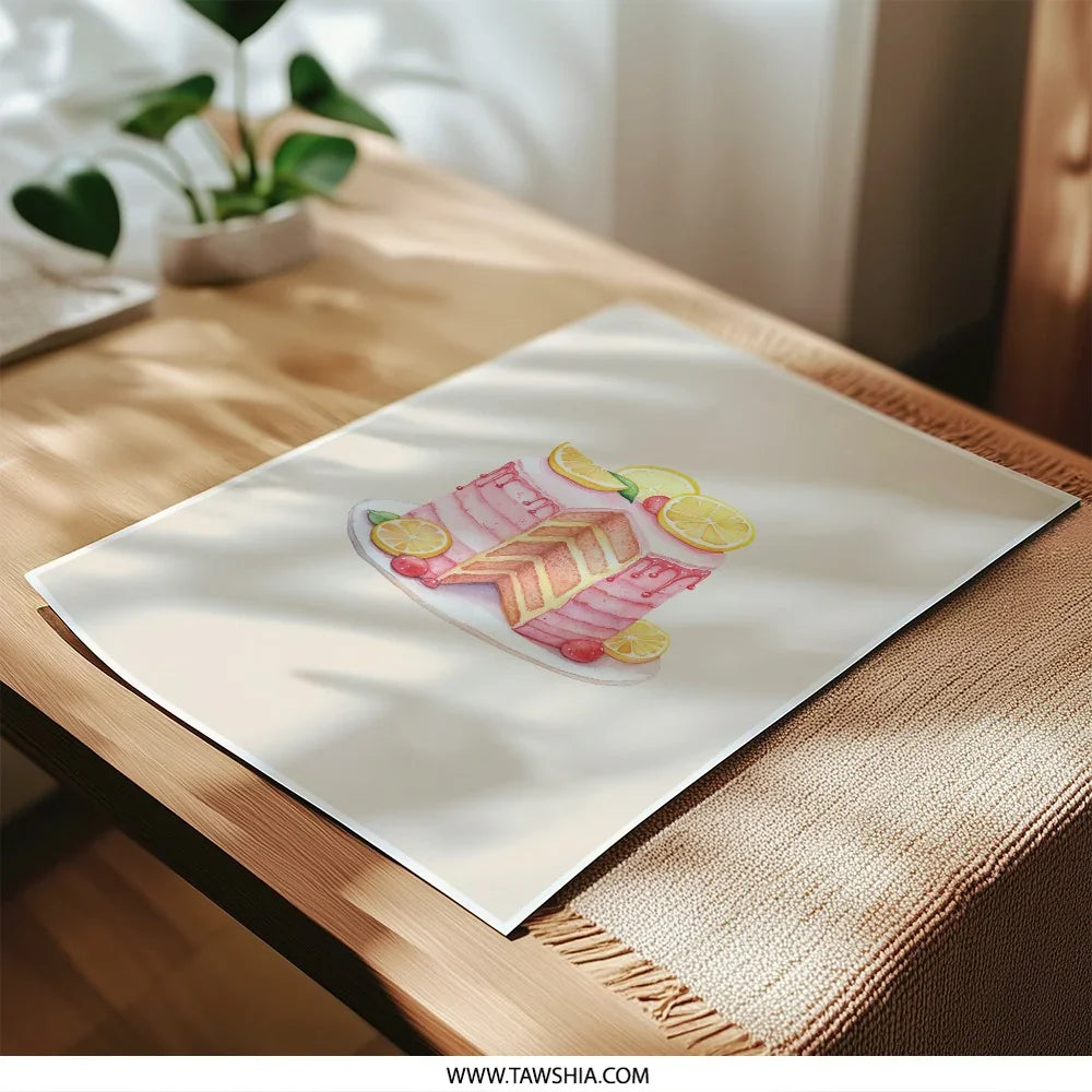 Pink Lemon Cake Photographic Prints, Watercolor Cake Slice Art, Foodie Wall Decor, Kitchen Art Prints, Bakery Illustration - Tawshia