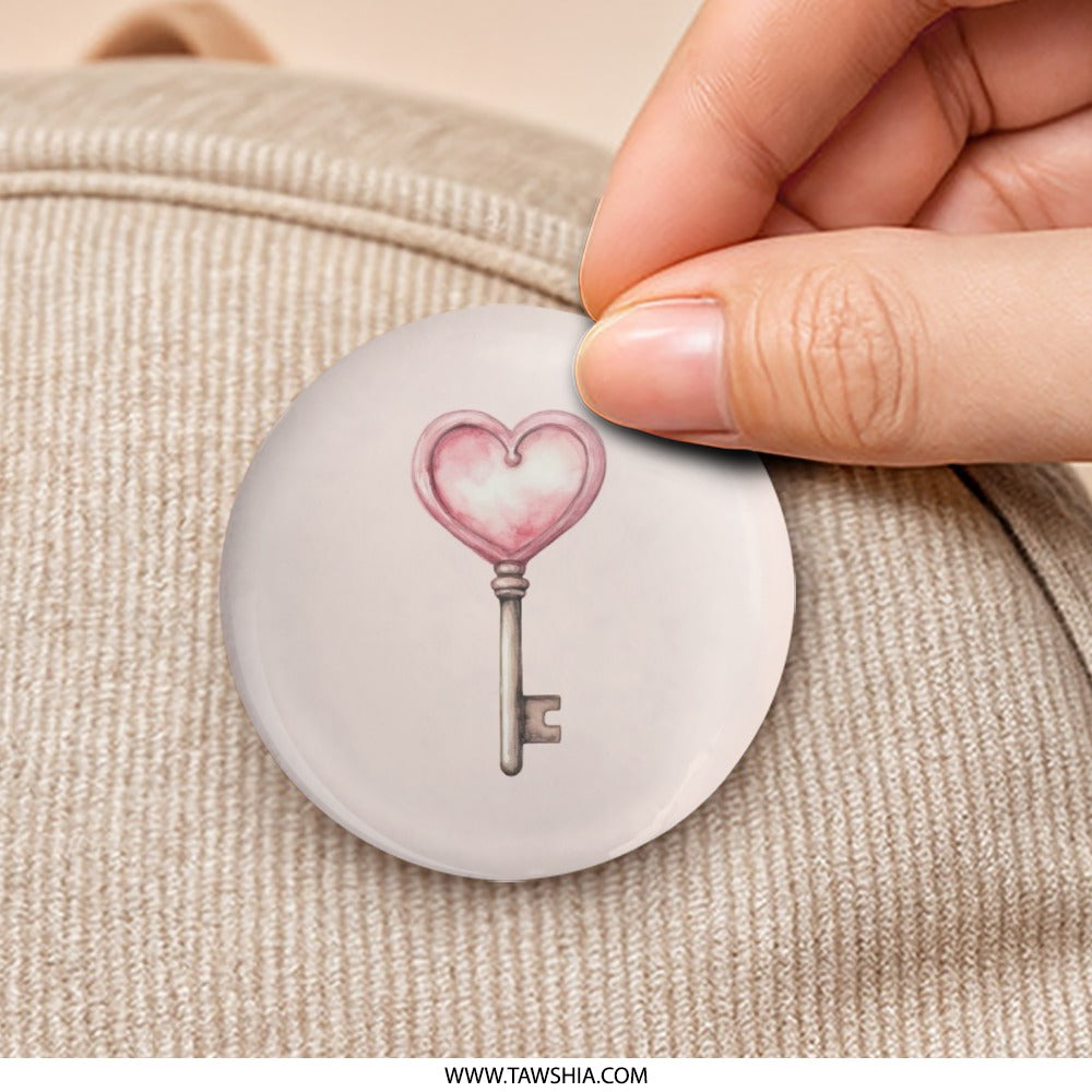 Heart Key Pinback Button, Cute Heart Key Button, Heart Key Design, Watercolor Heart Key, Unique Heart Pin Button, Gift Idea - Tawshia