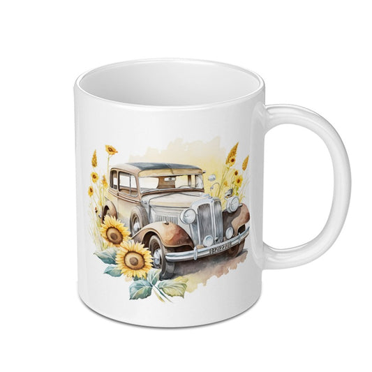 Vintage Car Mug, Sunflower Mug, Antique Car, Watercolor Art Mug, Floral Mug, Gift for Car Lover, Coffee Mug, Tea Mug, Unique Gift Idea SKU: MG10004204 - Tawshia
