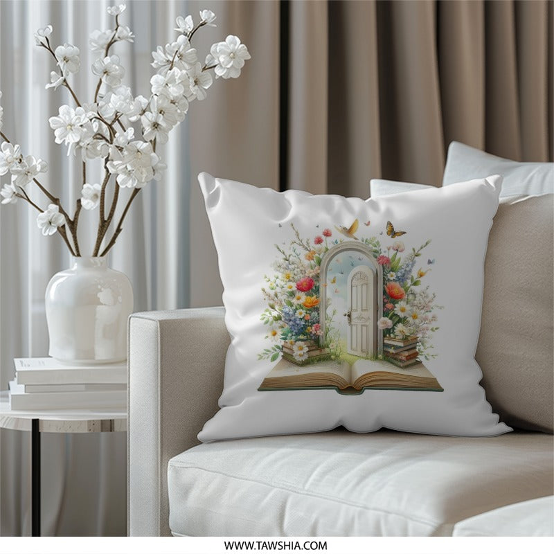 Floral Door Pillow, Book Lover Gift, Garden Gate Design, Butterfly Home Decor, Reading Nook Cushion, Spring Pillow - Tawshia