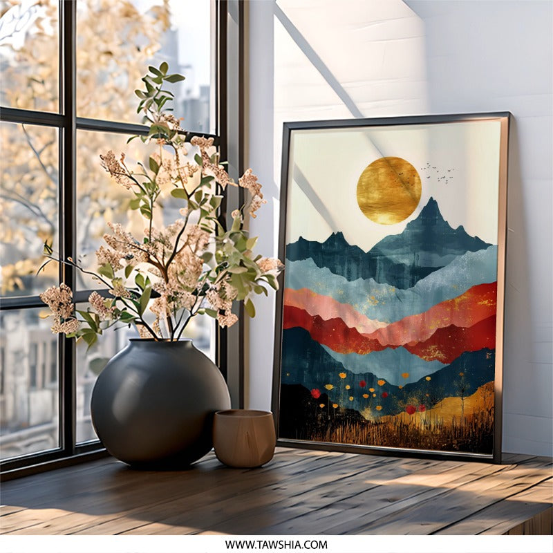Abstract Mountain Wall Art, Landscape Print, Sunset Scenery, Home Decor, Nature Wall Decor, Minimalist Art, Bohemian Wall Decor, Floral Art - Tawshia