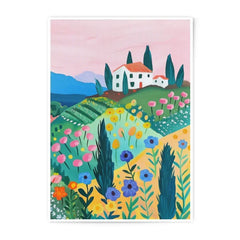 Tuscan Landscape Photographic Print, Italian Countryside Art Print, Floral Hillside, House and Cypress Trees, Summer Field Photograph - Tawshia