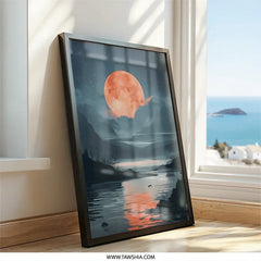 Blood Moon Lake Wall Art, Night Landscape Print, Fantasy Scene, Modern Home Decor, Celestial Wall Decor, Unique Gift Idea - Tawshia