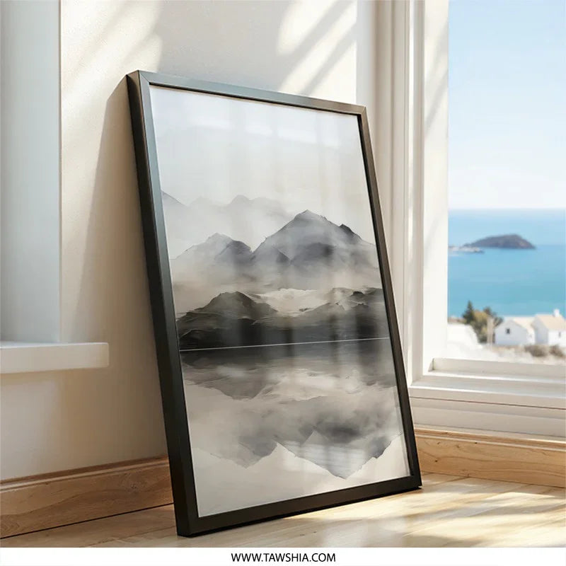 Misty Mountain Wall Art, Landscape Art Print, Mountain Reflection Wall Decor, Nature Home Decor, Minimalist Art, Serene Scenery Print - Tawshia