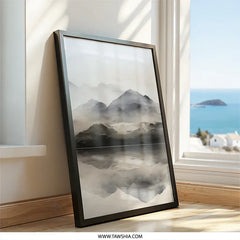 Misty Mountain Wall Art, Landscape Art Print, Mountain Reflection Wall Decor, Nature Home Decor, Minimalist Art, Serene Scenery Print - Tawshia