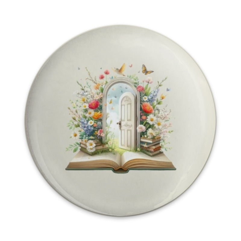Floral Book Door Pinback Button, Spring Flowers Button, Book Lover Gift, Whimsical Button, Unique Button, Cute Badge, Backpack Button - Tawshia