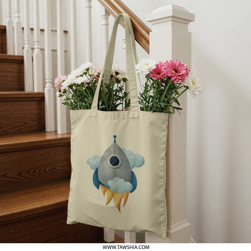 Rocket Tote Bag, Space Adventure, Cute Spaceship Design, Carry All Tote, Reusable Grocery Bag, Book Bag, Travel Tote Bag, Everyday Bag - Tawshia