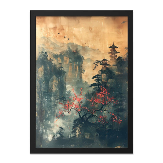 Asian Pagoda Wall Art, Japanese Landscape Print, Zen Mountain Painting, Vintage Oriental Artwork, Home Decor, Scenic Wall Art - Tawshia