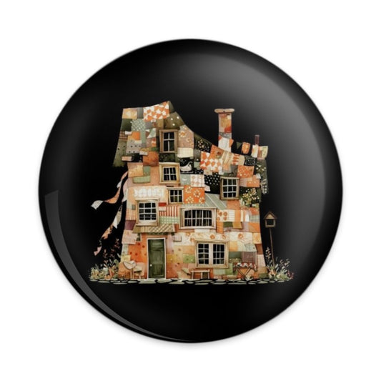 Quilted Cottage Pinback Button, Whimsical Home, Quirky House Design, Unique Architecture, Artsy Pin, Collectors Button, Fun Badge - Tawshia