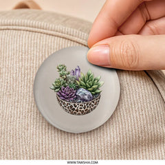 Leopard Print Succulent Terrarium Pinback Button, Crystal Accent Button, Stylish Home Decor, Cute Plant Button, Gift For Plant Lover - Tawshia