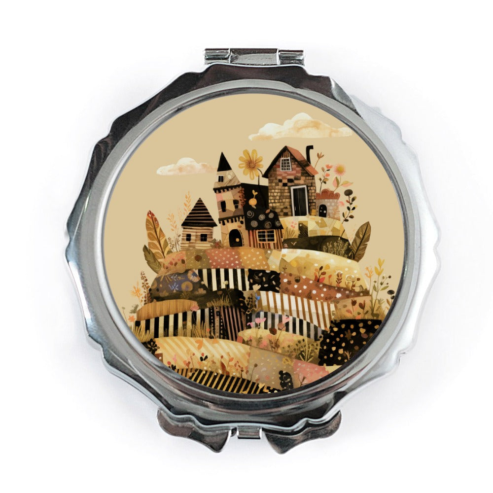 Whimsical Houses Pocket Mirror, Floral Houses Compact Mirror, Cute Houses Mirror, Unique Pocket Mirror, Compact Mirror for Purse - Tawshia