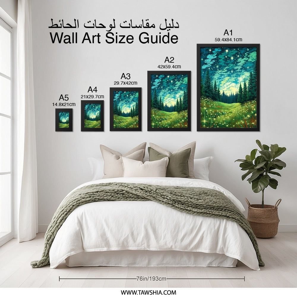 Enchanted Forest Wall Art, Starry Night Print, Fantasy Landscape Poster, Celestial Home Decor, Nature Illustration, Magical Wall Decor - Tawshia