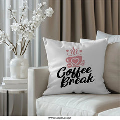 Coffee Break Pillow, Cozy Home Decor, Coffee Lover Gift, Relaxing Decor, Heart Accents, Cute Coffee Pillow - Tawshia