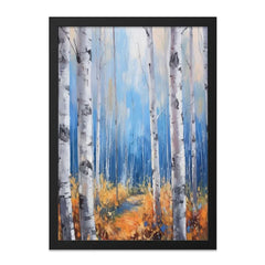 Birch Tree Forest Wall Art, Autumn Landscape Print, Abstract Painting Style, Blue Sky Art, Nature Artwork for Home Decor, Framed Art - Tawshia