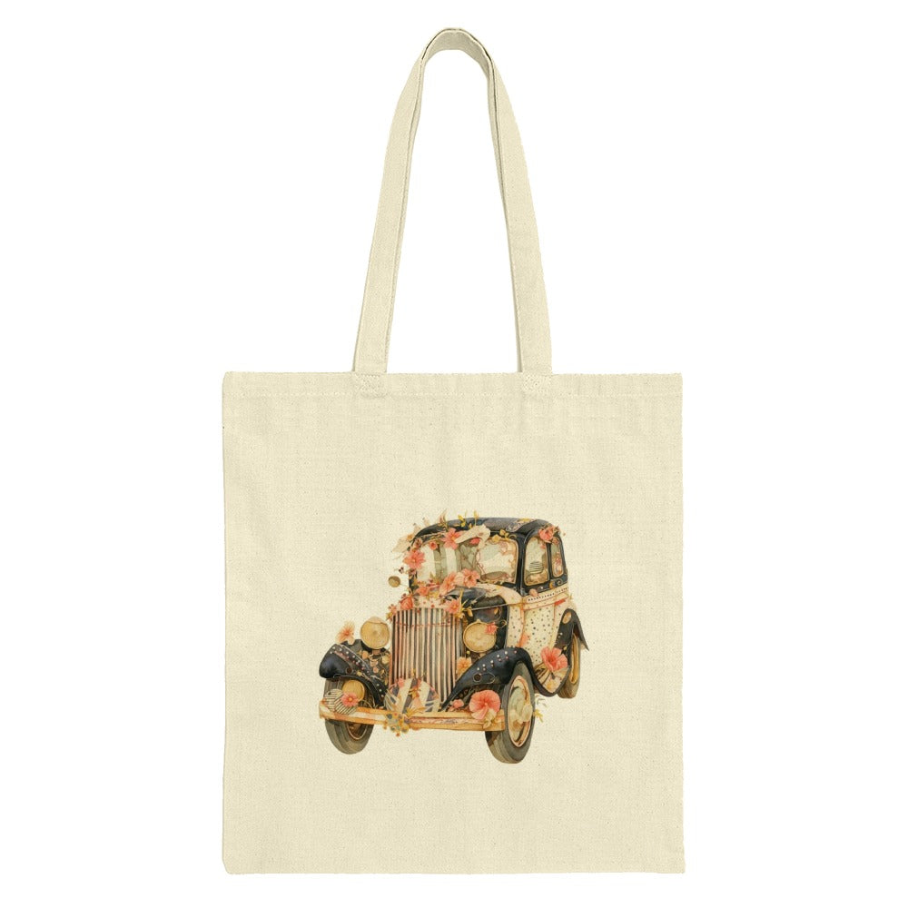 Floral Car Tote Bag, Vintage Auto, Flower Adorned, Classic Car Lover, Unique Design, Everyday Carry, Trendy Tote, Gift Idea - Tawshia