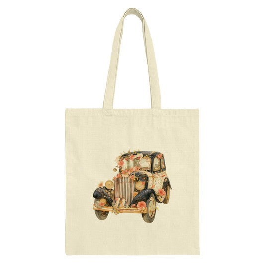 Floral Car Tote Bag, Vintage Auto, Flower Adorned, Classic Car Lover, Unique Design, Everyday Carry, Trendy Tote, Gift Idea - Tawshia