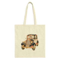 Floral Car Tote Bag, Vintage Auto, Flower Adorned, Classic Car Lover, Unique Design, Everyday Carry, Trendy Tote, Gift Idea - Tawshia