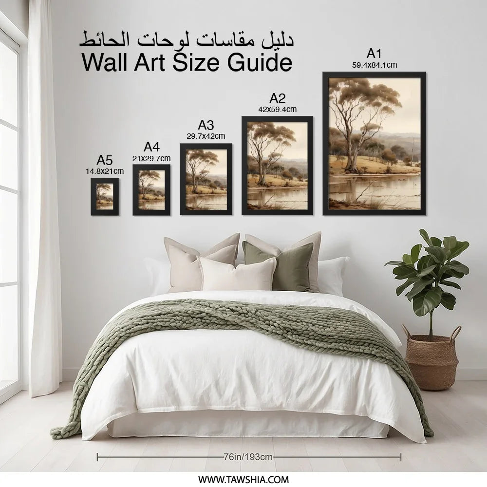 Australian Landscape Wall Art, Eucalyptus Tree Print, Lake Scene Painting, Nature Art Decor, Neutral Tones Print, Modern Wall Decor - Tawshia