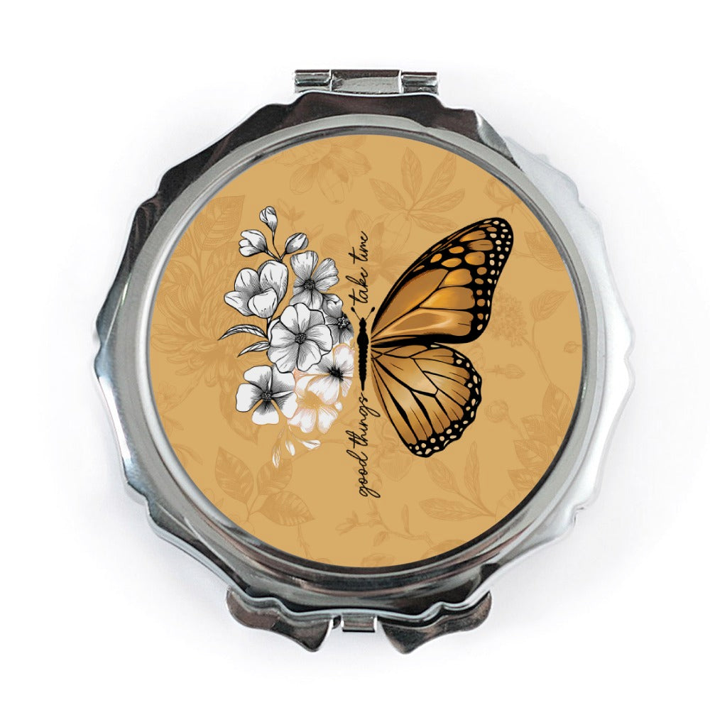 Monarch Butterfly Mirror, Floral Compact Mirror, Good Things Take Time, Gift for Her, Motivational Mirror, Nature Inspired Mirror - Tawshia