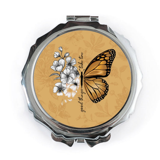 Monarch Butterfly Mirror, Floral Compact Mirror, Good Things Take Time, Gift for Her, Motivational Mirror, Nature Inspired Mirror - Tawshia
