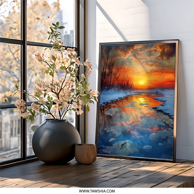 Winter Sunset River Wall Art, Icy Reflection Landscape Print, Nature Home Decor, Peaceful Scenery Artwork, Bright Sky Wall Hanging - Tawshia