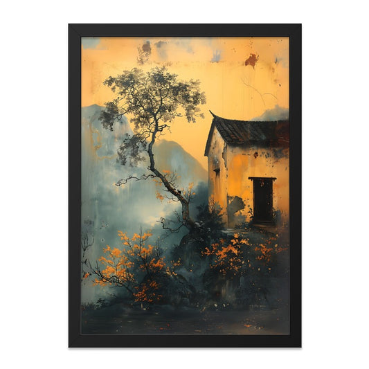 Asian Landscape Wall Art, Old House Painting, Mountain Scenery Print, Tranquil Home Decor, Peaceful Wall Art - Tawshia