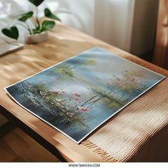 Serene Lake Photographic Print, Floral Landscape Art, Impressionist Painting Style, Calm Water Reflection, Peaceful Home Decor - Tawshia