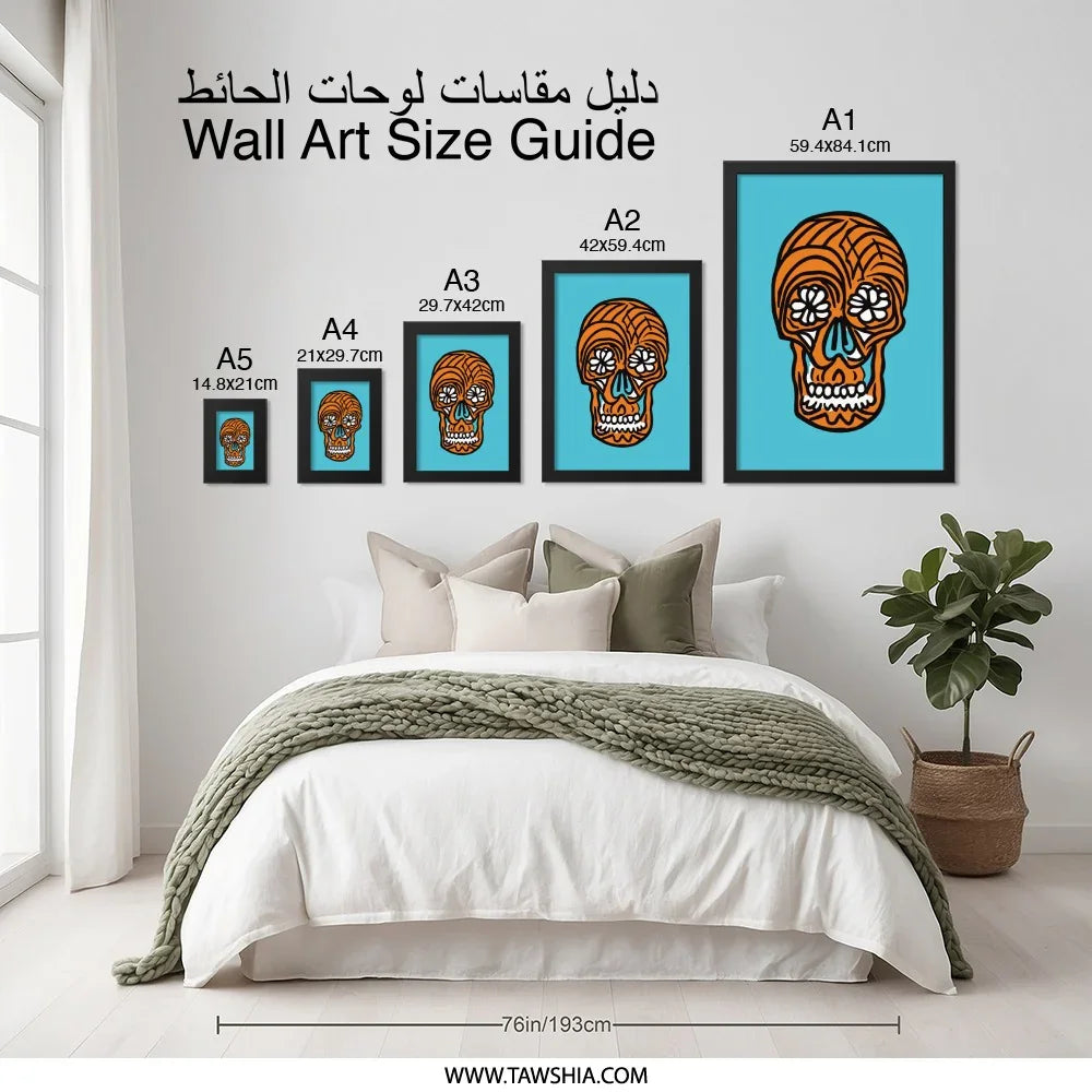 Orange Sugar Skull Wall Art, Dia de los Muertos Decor, Calavera Art Print, Mexican Folk Art, Halloween Decoration, Day of the Dead - Tawshia
