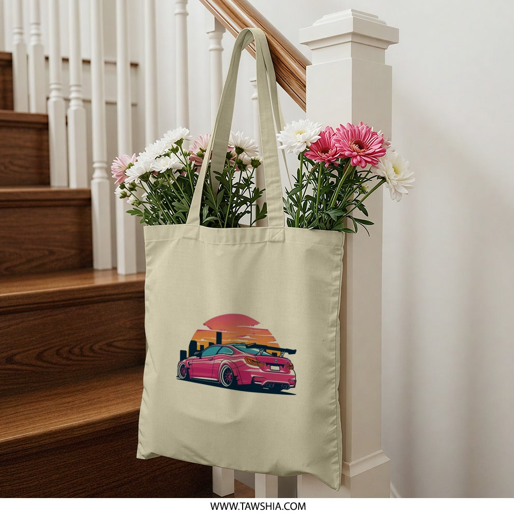 Pink BMW Car Tote Bag, Sunset Design Tote, Automotive Gift Idea, Car Enthusiast Tote, Stylish Everyday Bag, Trendy Shoulder Bag - Tawshia