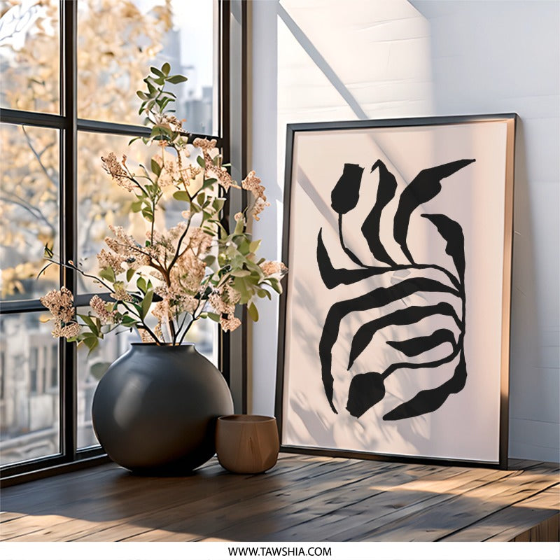 Abstract Plant Wall Art, Black and Beige Print, Botanical Art Print, Modern Home Decor, Minimalist Art, Living Room Wall Art - Tawshia