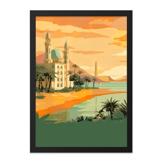 Arabian Coast Wall Art, Mosque Print, Travel Poster, Retro Beach Scene, Vintage Style, Landscape Painting, Desert Oasis, Exotic Wall Decor - Tawshia
