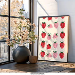 Strawberry Wall Art Print, Cute Kitchen Decor, Fruit Pattern Print, Modern Food Art, Playful Berry Design, Trendy Wall Decor - Tawshia
