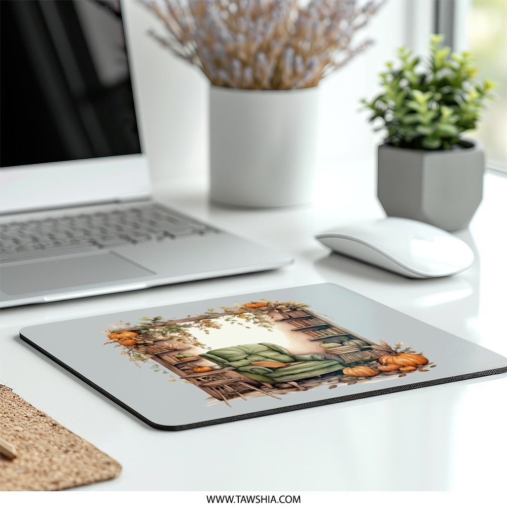 Cozy Autumn Nook Mouse Pad, Fall Reading Corner Art, Pumpkin Decor, Warm Home Office, Bookshelf, Book Lover Gift, Desk Accessory - Tawshia