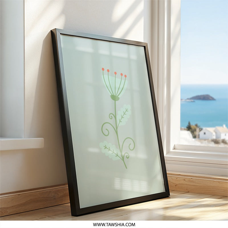 Floral Wall Art Print, Minimalist Flower Art, Cute Botanical Illustration, Green and Red Accent Decor, Modern Art Print - Tawshia