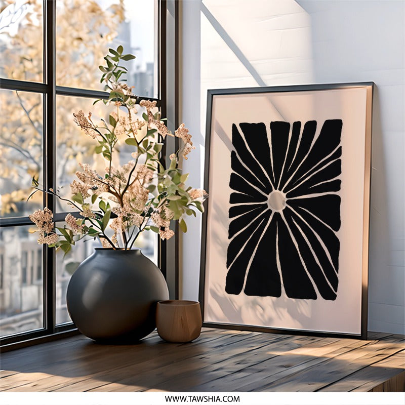 Abstract Sun Wall Art, Black and Beige Print, Modern Minimalist Home Decor, Geometric Flower Artwork, Trendy Wall Hanging - Tawshia