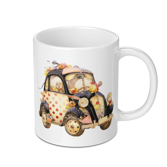 Floral Car Mug, Vintage Vehicle Gift, Cute Car Lover Present, Unique Flower Bug Mug, Watercolor Car Coffee Cup, Polka Dot Design - Tawshia